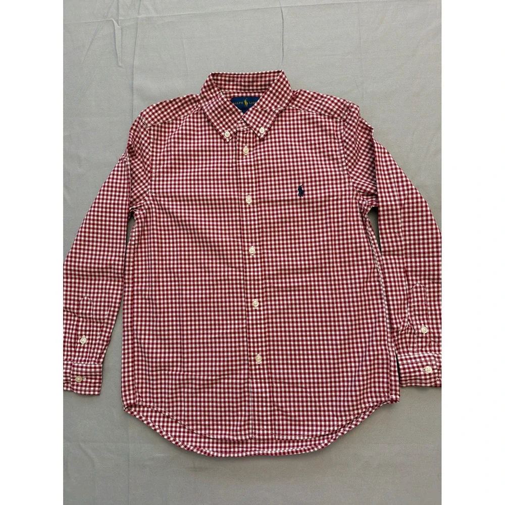 Ralph Lauren Boys Red White Gingham Cotton Button Down Shirt Size 7